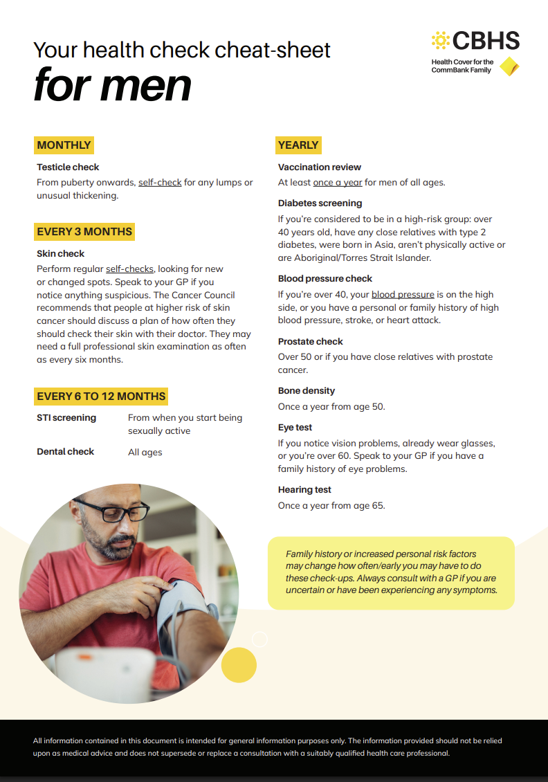 health check cheat sheet for men