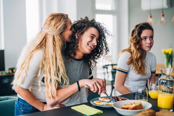Young girls having breakfast