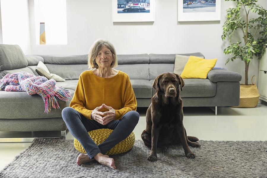 lady and a dog relaxing in a meditating pose