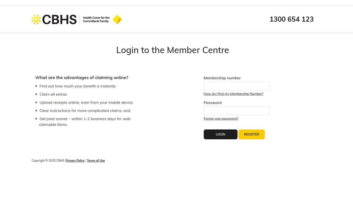 Member centre login screen